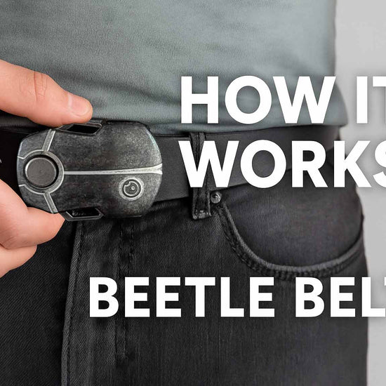 Push the wing to click open the beetle belt buckle. The metal sizing stud can be unscrewed to change the belt sizing.