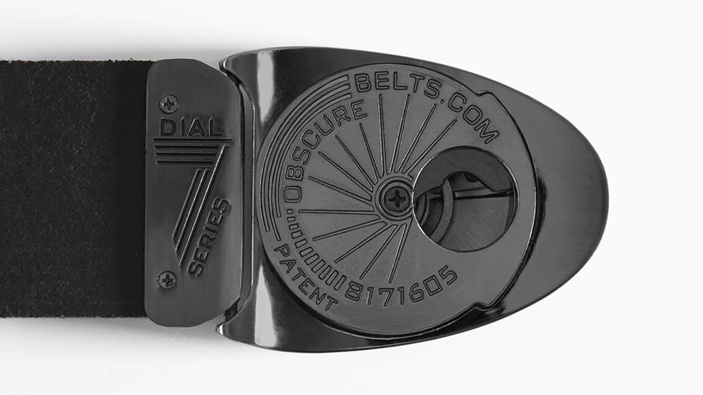 Obscure Belts art deco artistic design on metallic black magnetic belt buckle. Custom belt sizes made to order. bifl edc belt