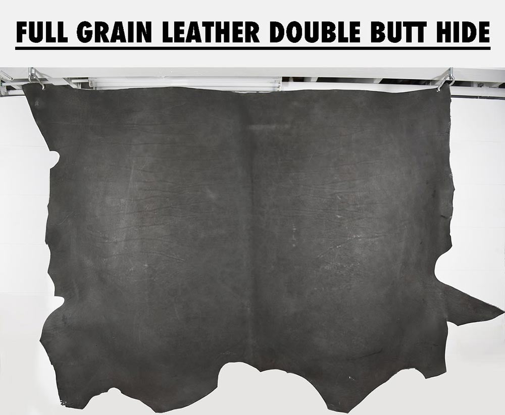 Hanging slate grey full grain leather double butt cowhide leather showing natural variations in the leather created by vegetable tanning