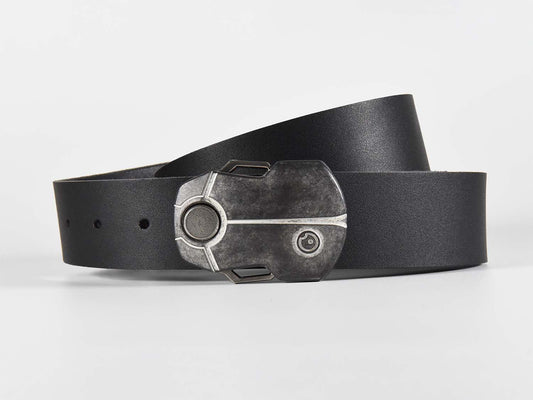 Black leather belt with a metallic buckle shaped like a Scarab Beetle on a white background
