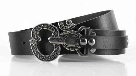 Aged Ohm peace symbol belt buckle. Pull pin to unlock. Black full grain American leather belt. Womens belt for dress or jeans.
