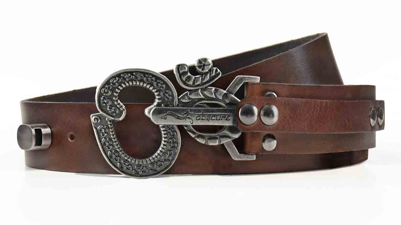 Aged Ohm peace symbol belt buckle. Pull the pin to unlock. Brown full grain American leather belt. Adjustable belt size. BIFL