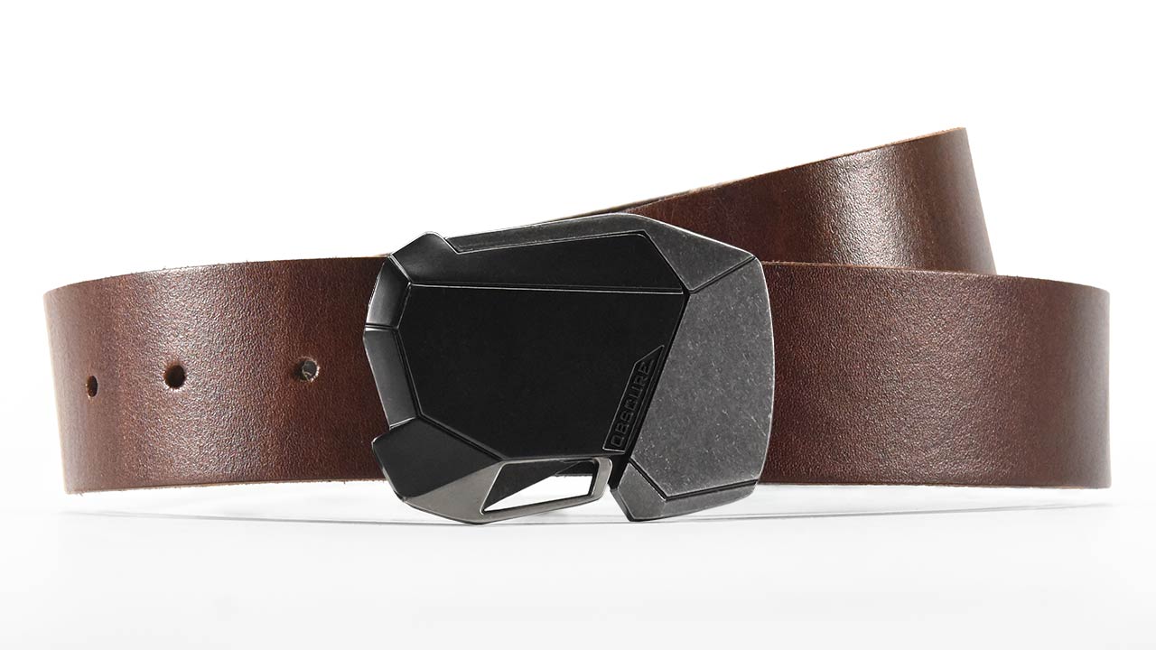 Black-Ops Fractal 2.0 in futuristic antique pewter and matte black finish on brown full-grain leather belt. Push the quick release button to unlock. Adjustable belt with custom sizes available.