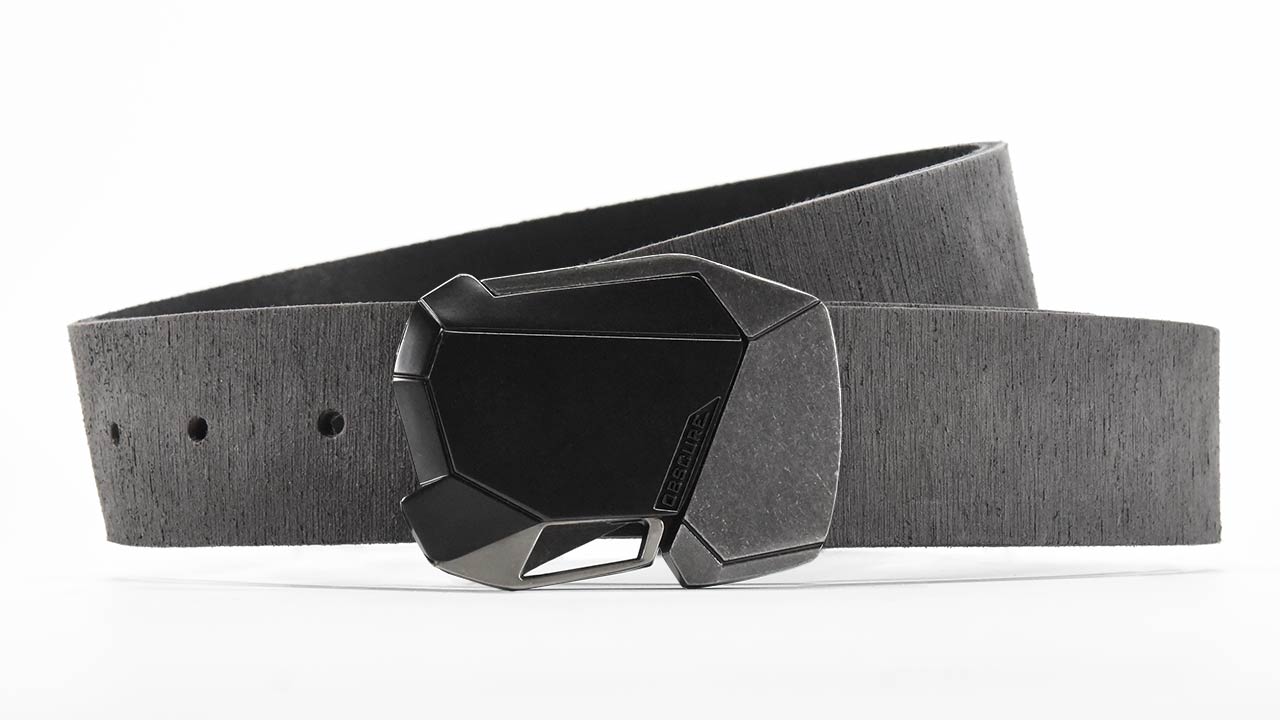 Black Ops Fractal cool magnetic click belt buckle on distressed grey leather belt strap. Futuristic belts for everyday wear.