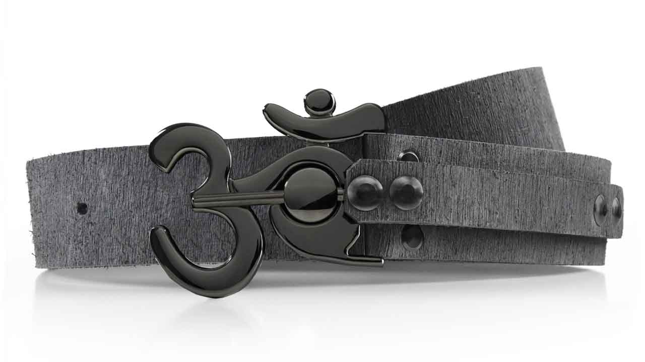 Metallic black Ohm peace symbol belt buckle. Pull pin lock. Distressed grey veg tan leather belt. Elegant futuristic clothing.