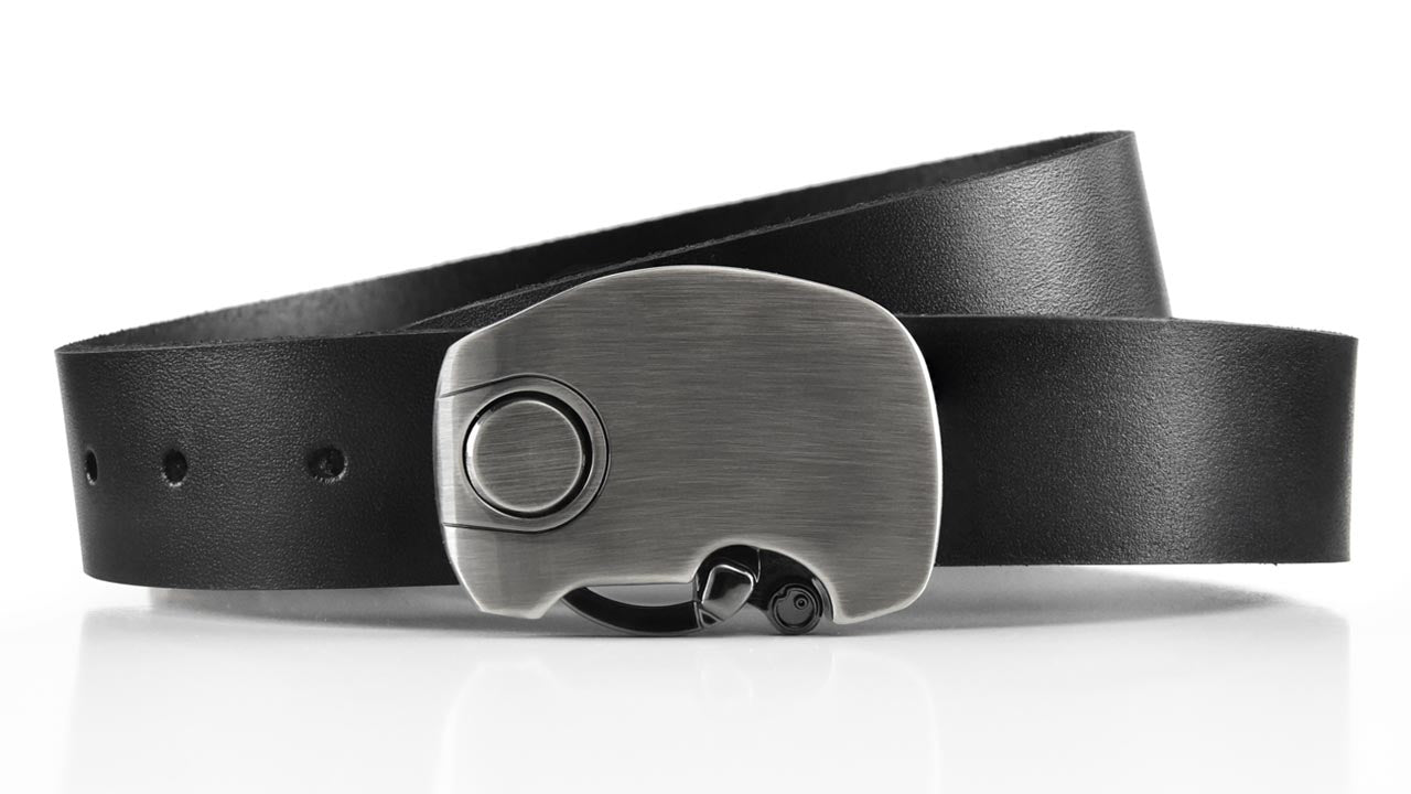 Micron understated elegant minimalist mens black leather dress belt. Modern artistic gunmetal belt buckle. Futuristic fashion.