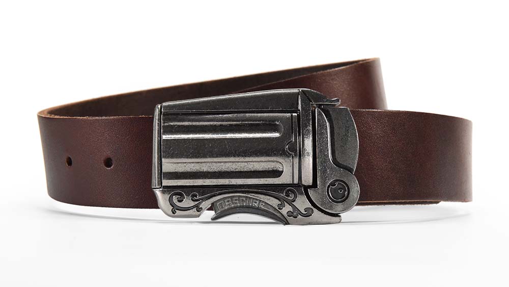 Brown leather belt with western gun belt buckle. Push the trigger to unlock.