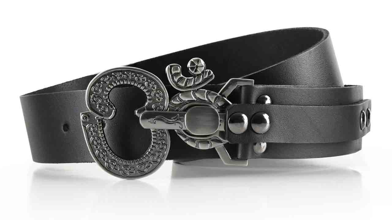 Gunmetal Ohm peace symbol belt buckle. Pull pin lock. Black full grain American leather belt. Womens belt for dress or jeans.