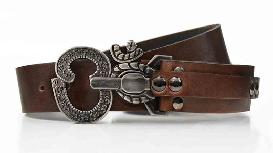 Gunmetal Ohm peace symbol belt buckle. Pull pin lock. Brown full grain American leather belt. Womens belt for dress or jeans.