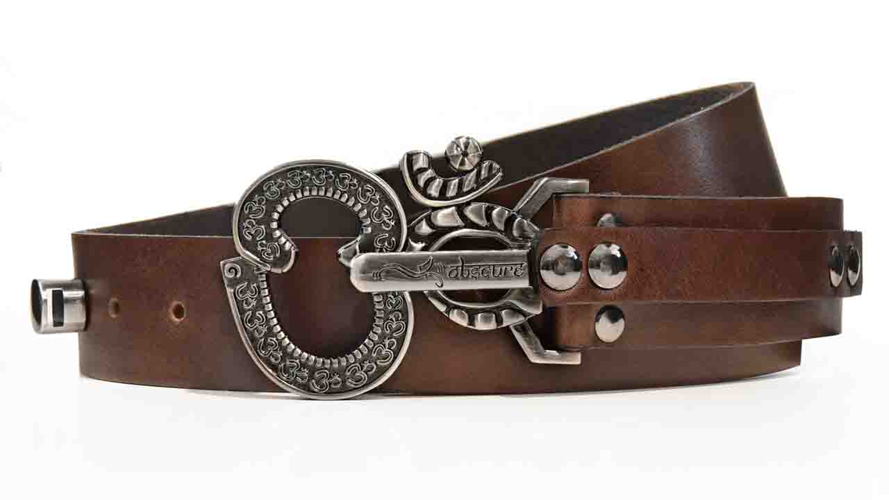 Gunmetal Ohm peace symbol belt buckle. Pull pin lock. Full grain American leather brown belt strap. Adjustable belt size. BIFL