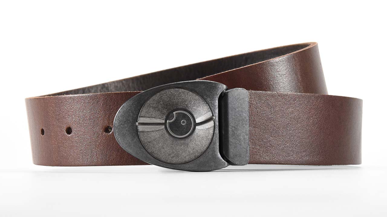 Antique Stone Dial 7 belt buckle snaps open like safe lock. Full grain brown leather belts for men and women. Custom belt sizes. bifl edc