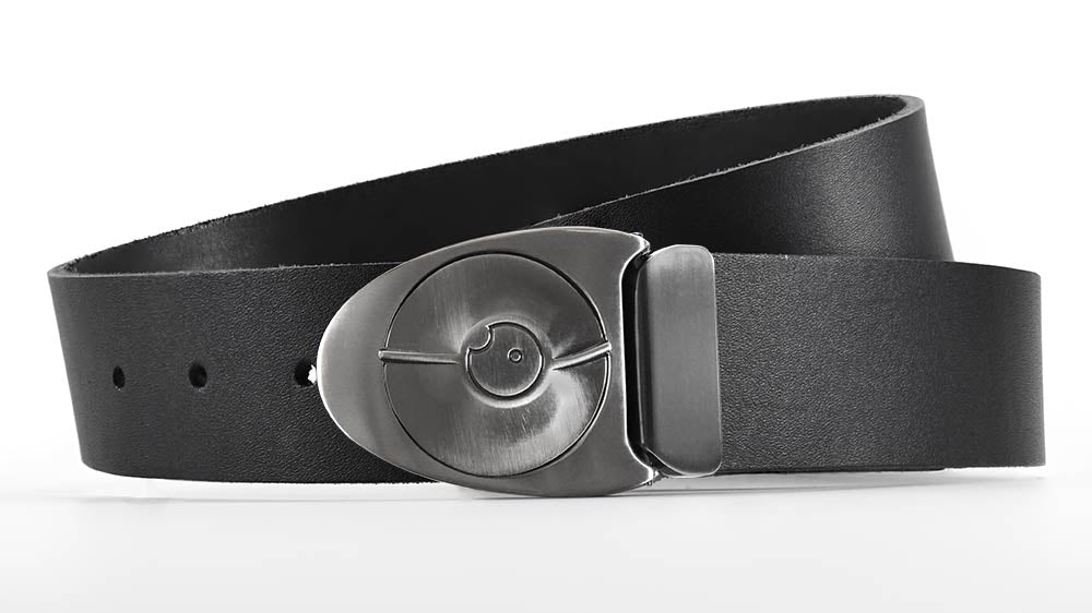 Gunmetal Dial 7 belt buckle snaps open like safe lock. Full grain black leather belt. Made to order belt sizes. bifl edc