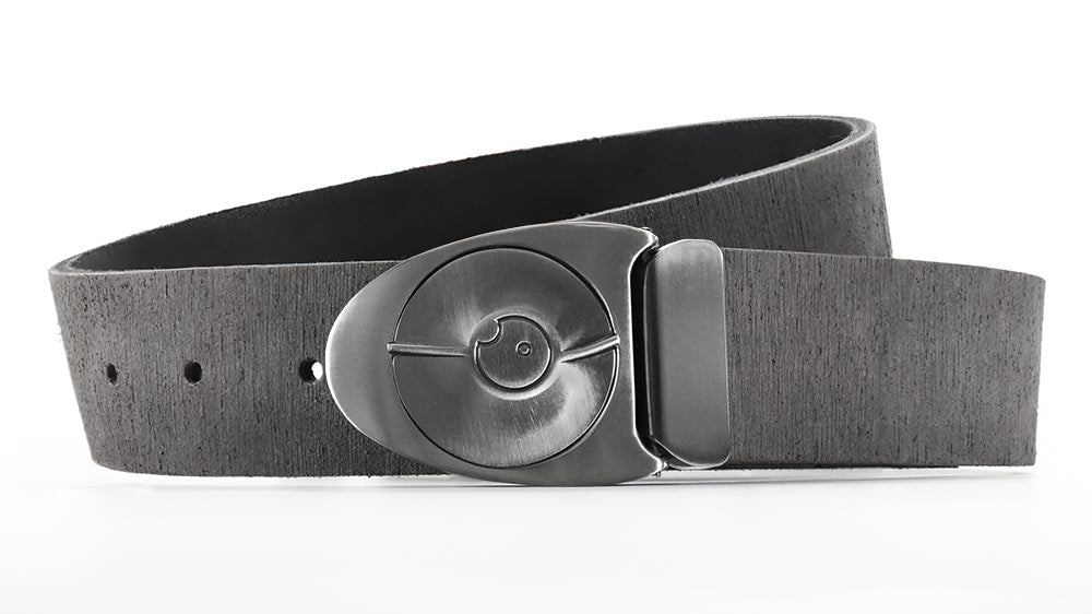 Retro futuristic gunmetal belt buckle snaps like safe lock. Distressed grey leather belts made to order. bifl edc belt