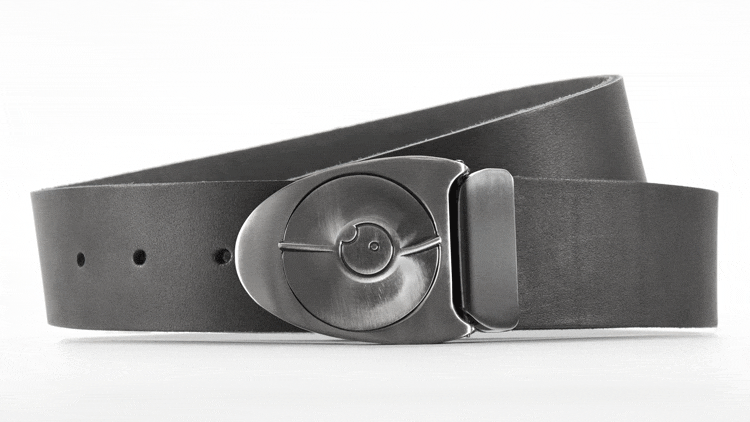 Stone off-white Dial 7 belt buckle snaps open like safe lock. Full grain American black leather. Custom belt sizes. bifl edc