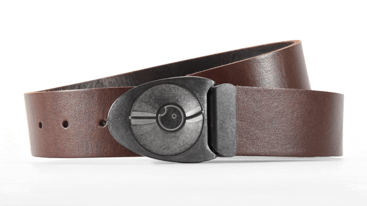 Stone off-white Dial 7 belt buckle snaps open like safe lock. Full grain American brown leather. Custom belt sizes. bifl edc