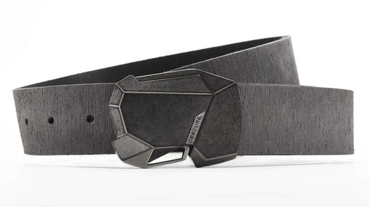 Stone Fractal cool magnetic click belt buckle. Distressed grey American leather belt strap. Retro futuristic ninja belt. BIFL
