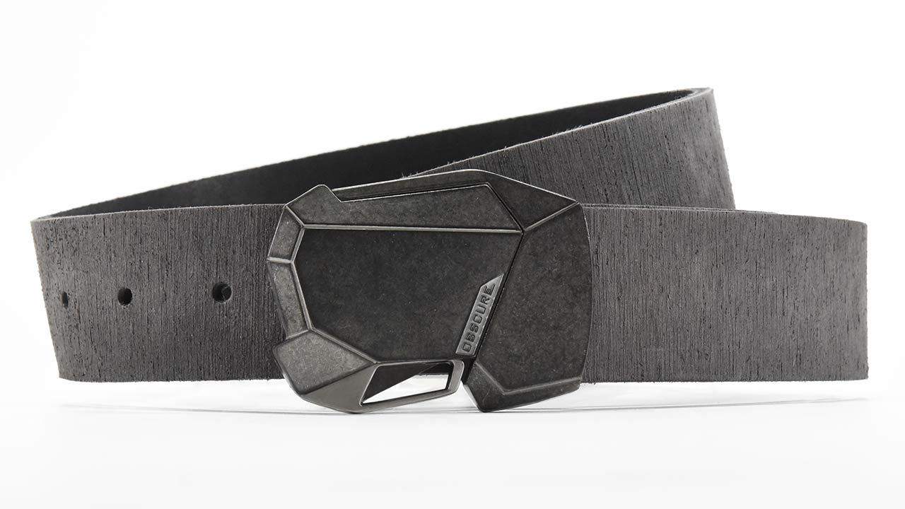 Stone Fractal cool magnetic click belt buckle. Distressed grey American leather belt strap. Retro futuristic ninja belt. BIFL